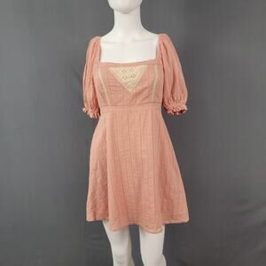 Molly Green Mini Dress S Eyelet Panel Peach Puff Sleeve Cottagecore